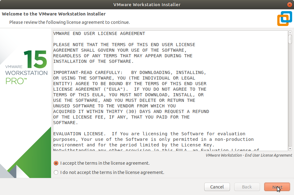 Antergos Linux Install VMware Workstation 15 Pro - Accept Licenses