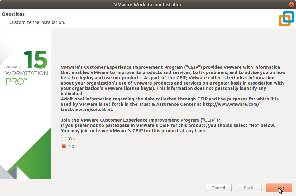 Elementary OS Install VMware Workstation 15 Pro - Customer Experience Improvement Program