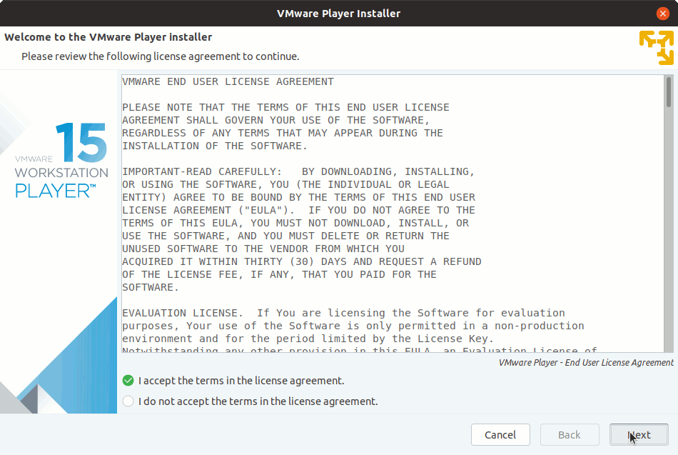 Ubuntu 18.10 Linux Install VMware Workstation 15 Player - Accept Licenses