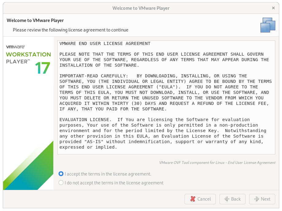 VMware Workstation 17 Player Fedora 36 Installation - License