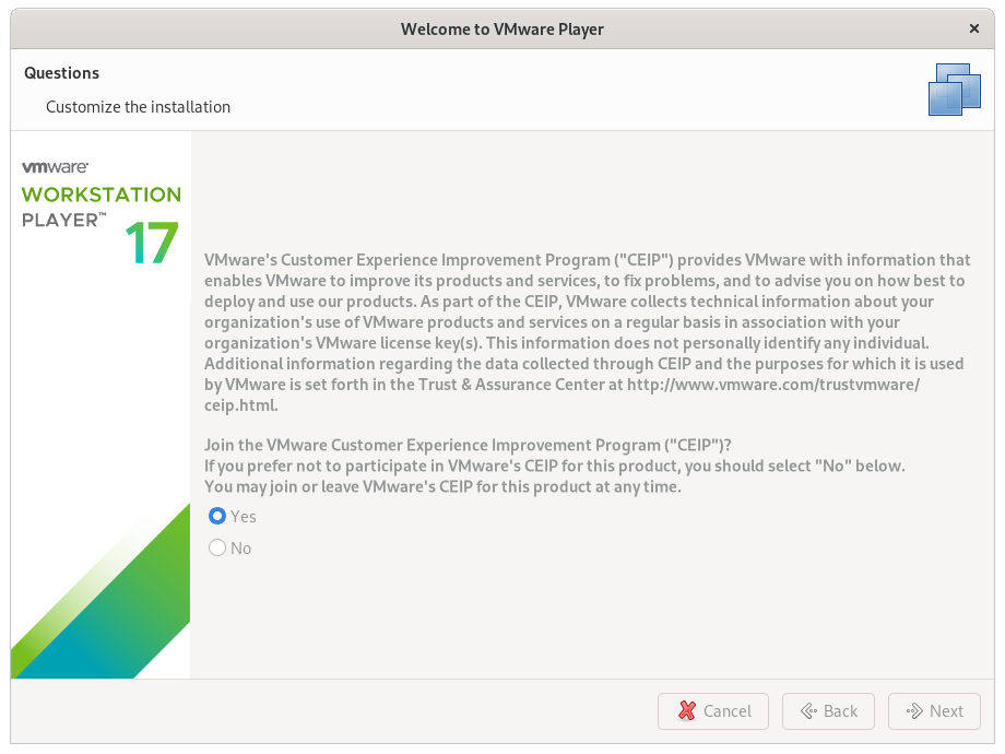 VMware Workstation 17 Player Debian Installation - CEIP