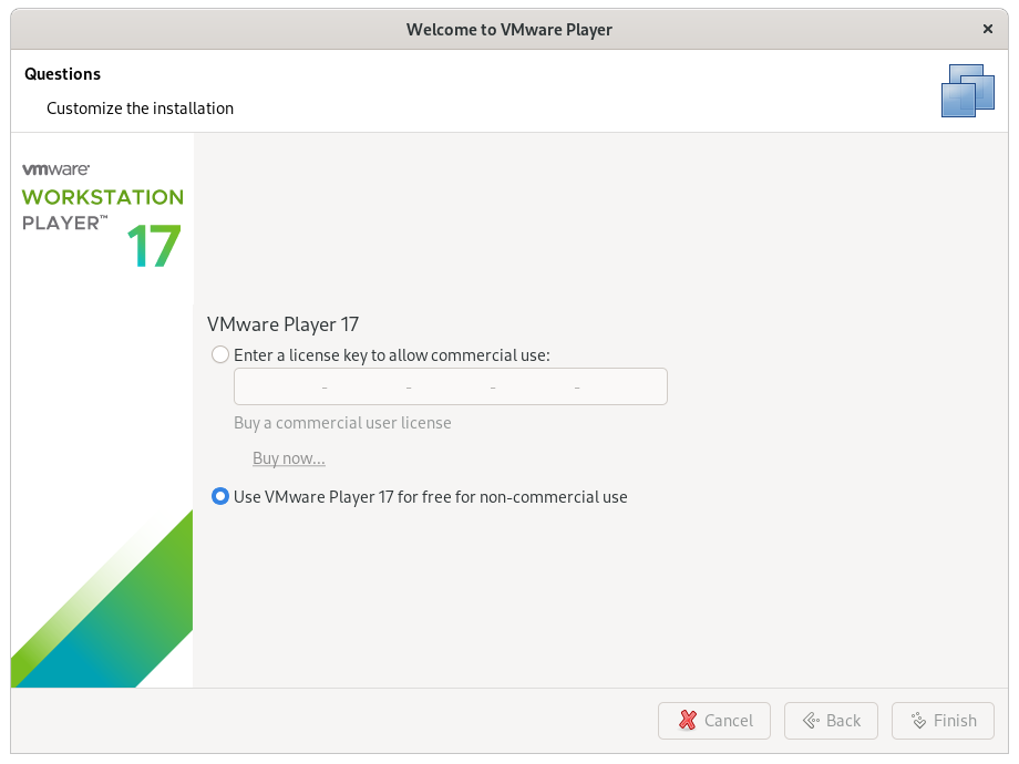 VMware Workstation 17 Player Fedora 37 Installation - License Key