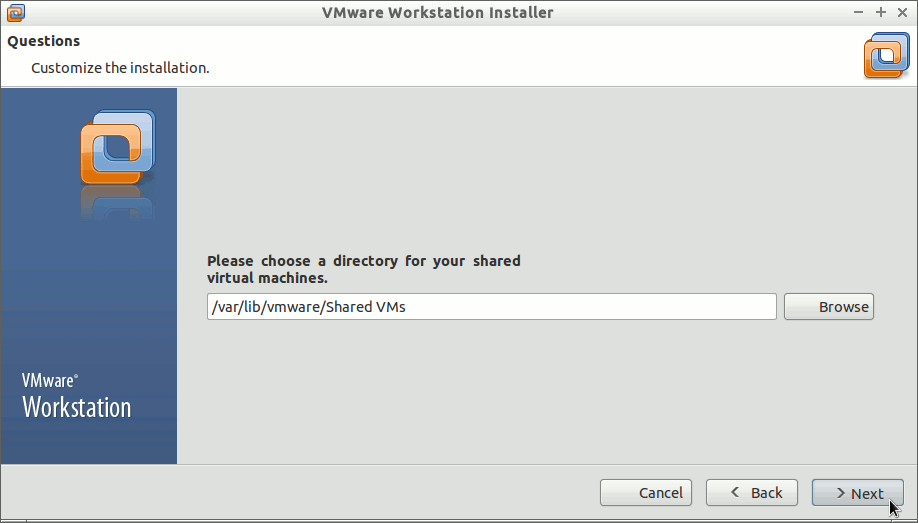 Linux Lubuntu VMware Workstation 10 Installation - Set Install Path