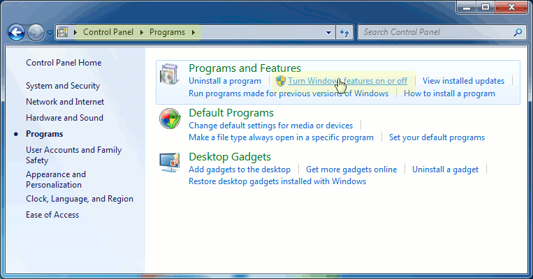Windows 7 Turn On/Off Features