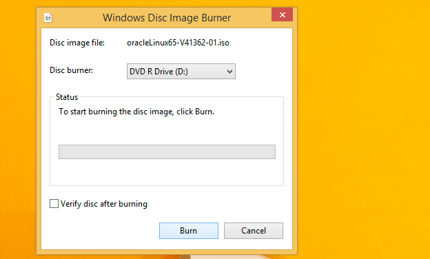 Windows 8 Burn Linux/Unix ISO to CD/DVD - Click on Burn