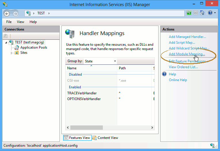 Windows 8 IIS 8 Setup for PHP5 Integration - IIS8 to the Right Select Add Module Mapping