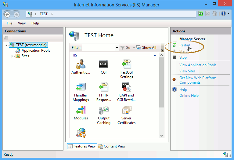 Windows 8 IIS 8 Setup for PHP5 Integration - Restart IIS8 Server