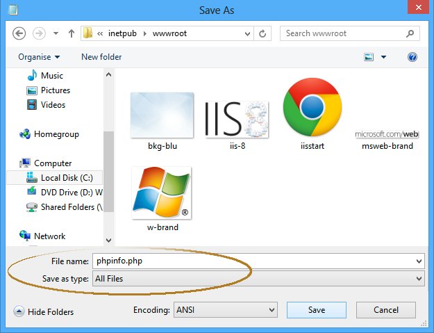 Windows 8 IIS 8 Setup for PHP5 Integration - Saving infophp.php File