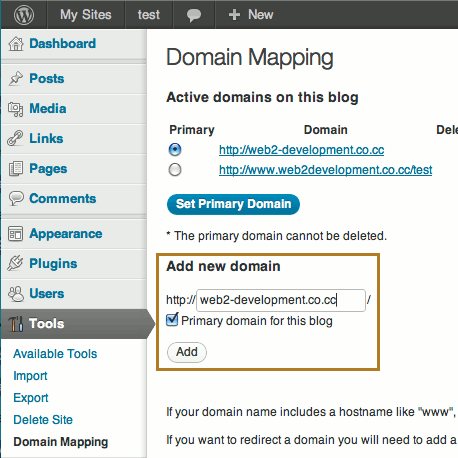 Wordpress Admin Tools Domain Mapping - Add New Domain