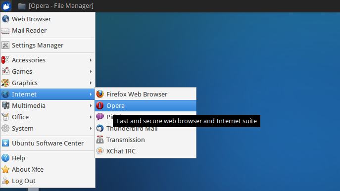 Install Opera Xubuntu 16.04 Xenial - Opera Web Browser on Xfce Desktop Main Menu